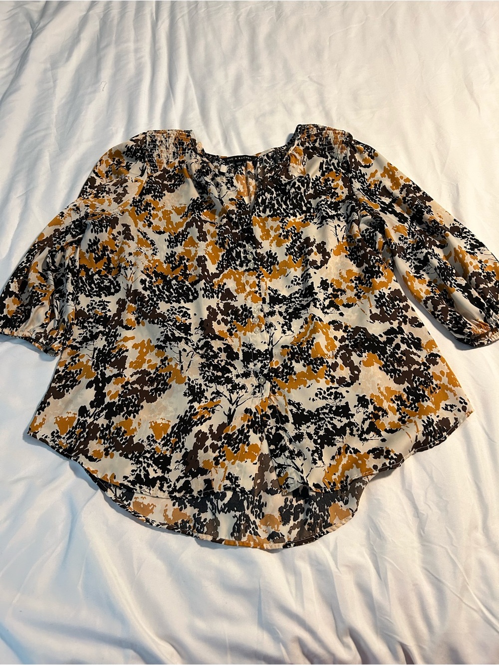 Zac & Rachel Abstract Puff-Sleeve Blouse in Mustard, Black & Cream